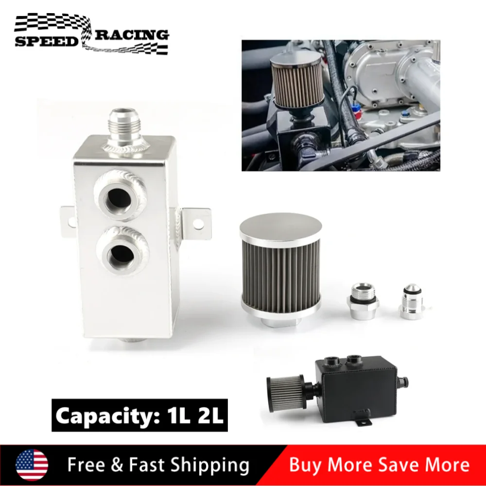 

Universal 1L 2L Oil Catch Can Tank Baffled AN10 with Breather and Drain Tap Aluminum Square Shape Reservoir Tank Black Silver