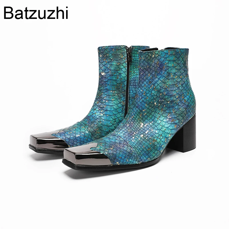 Batzuzhi Personality 7CM High Heel Men's Boots Shoes Blue Leather Ankle Boots for Man Square Toe Fashion Party, Wedding Boots