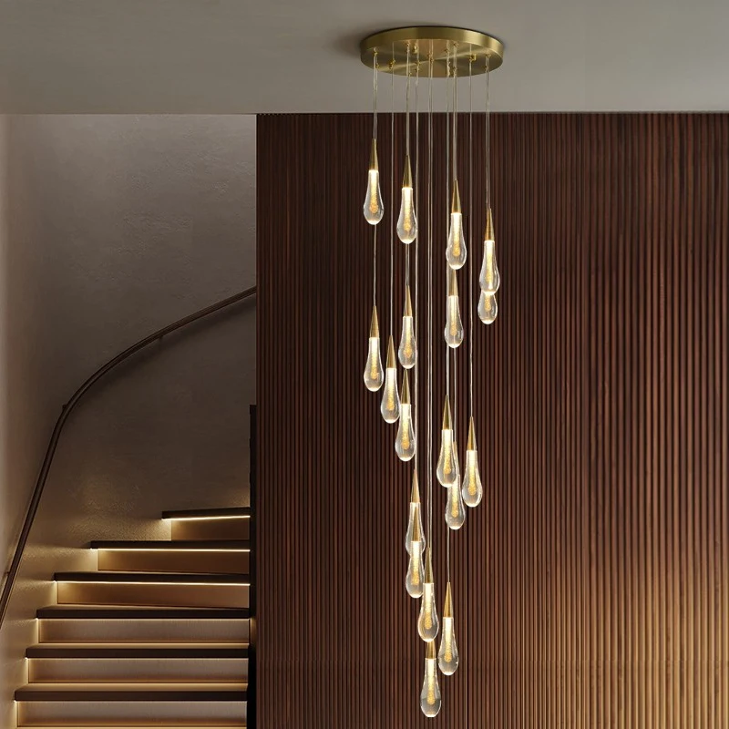 Modern LED Pendant Light Villa Living Room Hanging Luxury Crystal Staircase Pendent Lamp Hotel Lobby Chandelier Indoor Lighting