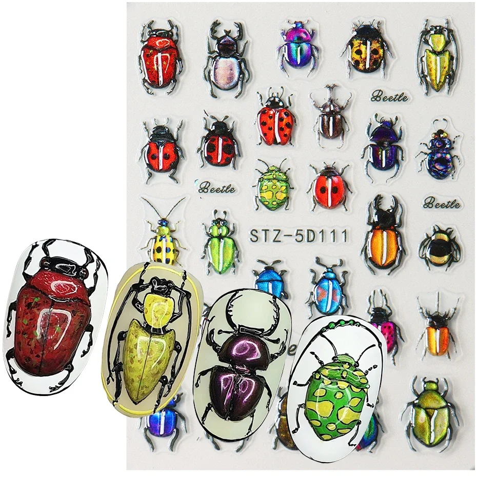 5D Beetle Bug Nail Art Sticker Decals Ladybug Glowworm Longicorn Jelly Nail Art Decorations Acrylic Adhesive Gel Slider Manicure