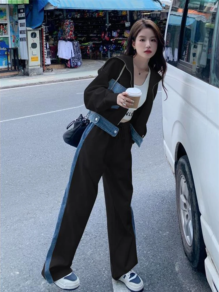 

plus Size Spring Autumn Sportswear Set Women's Denim Jaet Casual Pants Two Piece Set Trendy Casual Sportswear Ensemble