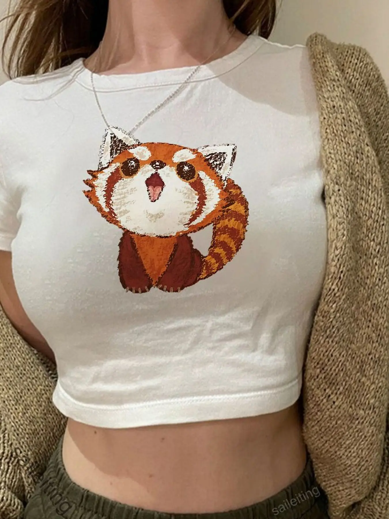 Women's Cute Red Panda Embroidered Crop Top, Cartoon Print Short Sleeve Tee, Casual Streetwear Aesthetic Top with Beige Cardi