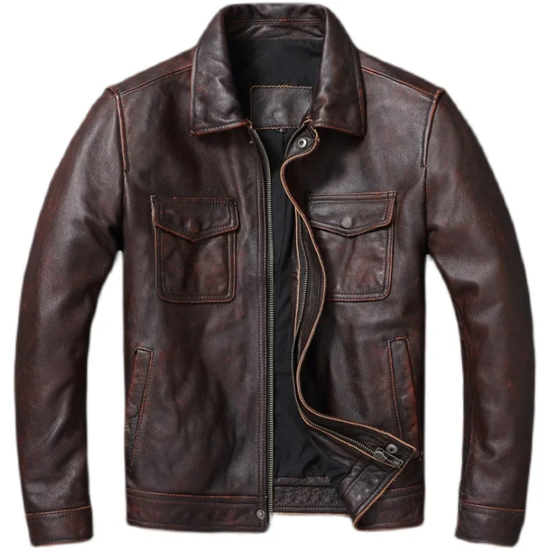 

Vintage Brown Red Genuine Leather Jacket Men 100% Cowhide Natural Leather Jackets Man Leather Autumn Clothing Coat Cow Jacket