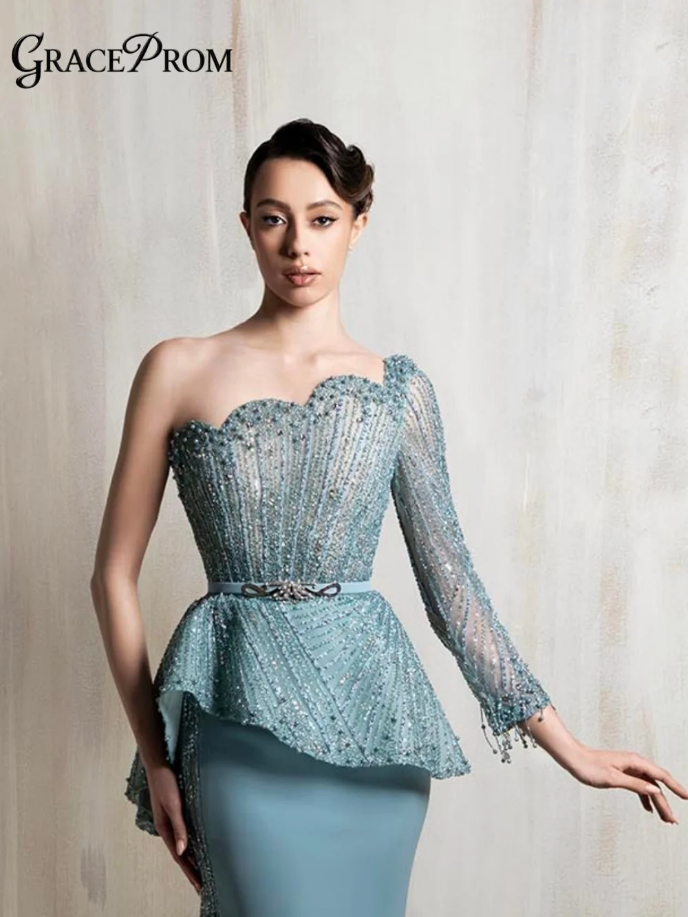 

Ethereal Elegant One Shoulder Evening Dress 2026 Beaded Sequin Peplum Carpet Gown Elegant Floor Length Party Gown فساتين سهرة