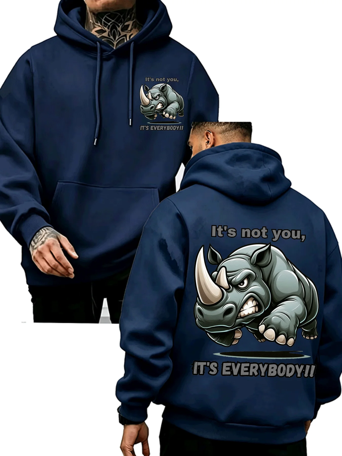 Men's hooded sweatshirt single piece - Angry Rhino textprintpulloverhoodieStreet fashionlong-sleeved top Fall/Winterailywear