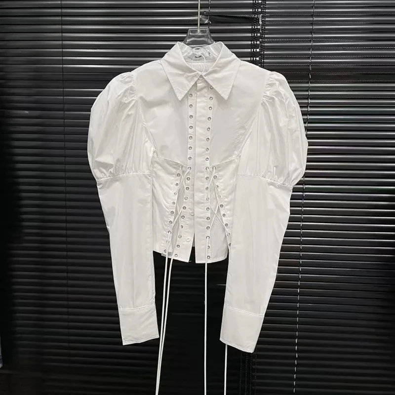 

Fashion Women's Bandage Design Lantern Sleeves Blouse Solid Color Casual Lapel Short Shirts Female Trend New Items