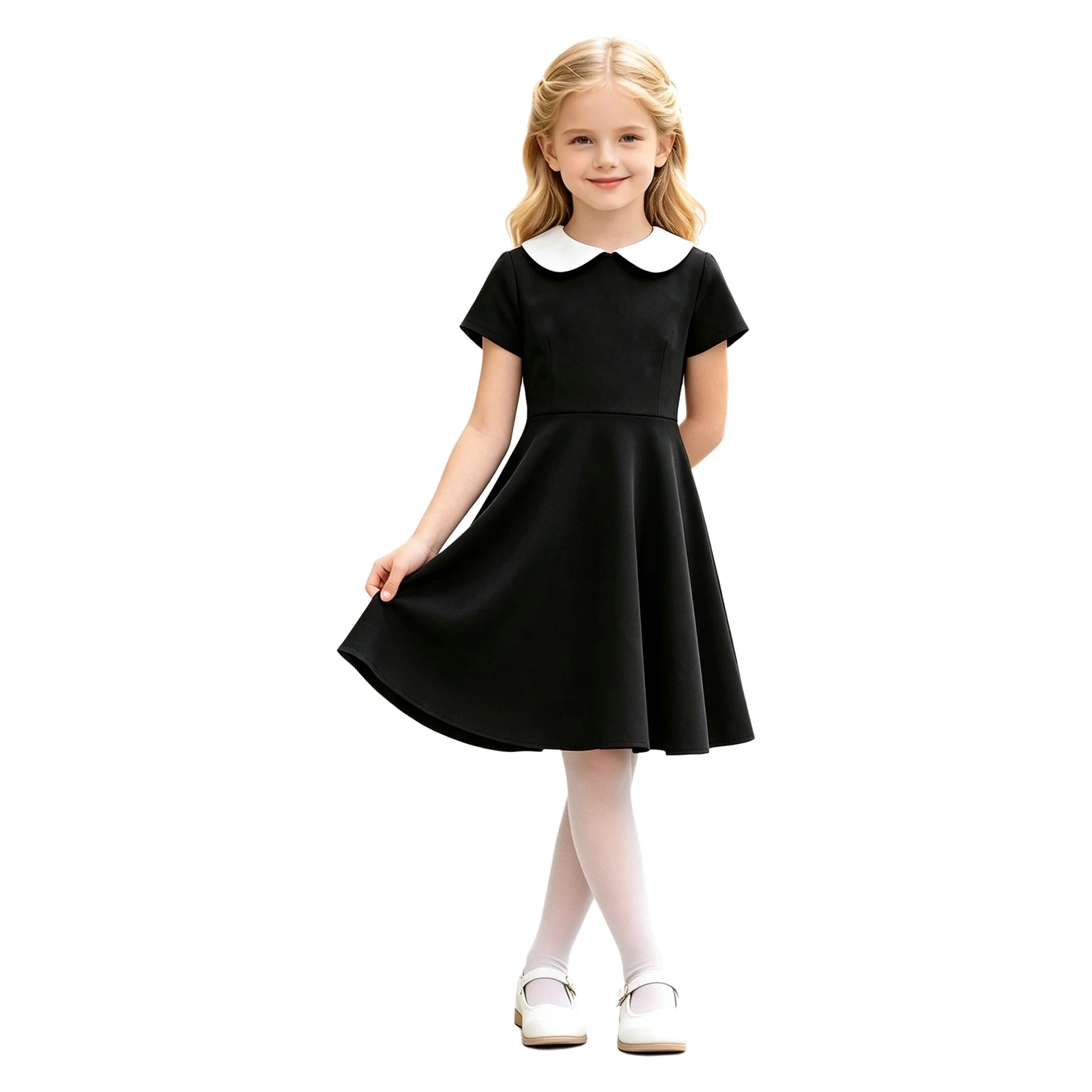 Kids Girls Vintage School Girls A‑Line Swing Midi Dresses Vintage Flare Dress Short Sleeve Dress Graduation Ceremony Costume