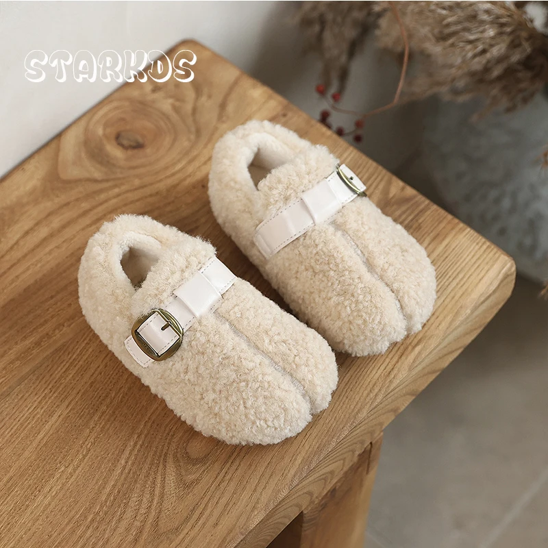 تابي تصميم امبسوول الصوف أحذية طفل فتاة الدافئة تيدي الفراء القهوة الفول نمط المتسكعون الطفل مشبك معدني حزام أفخم الباليه الشقق #3