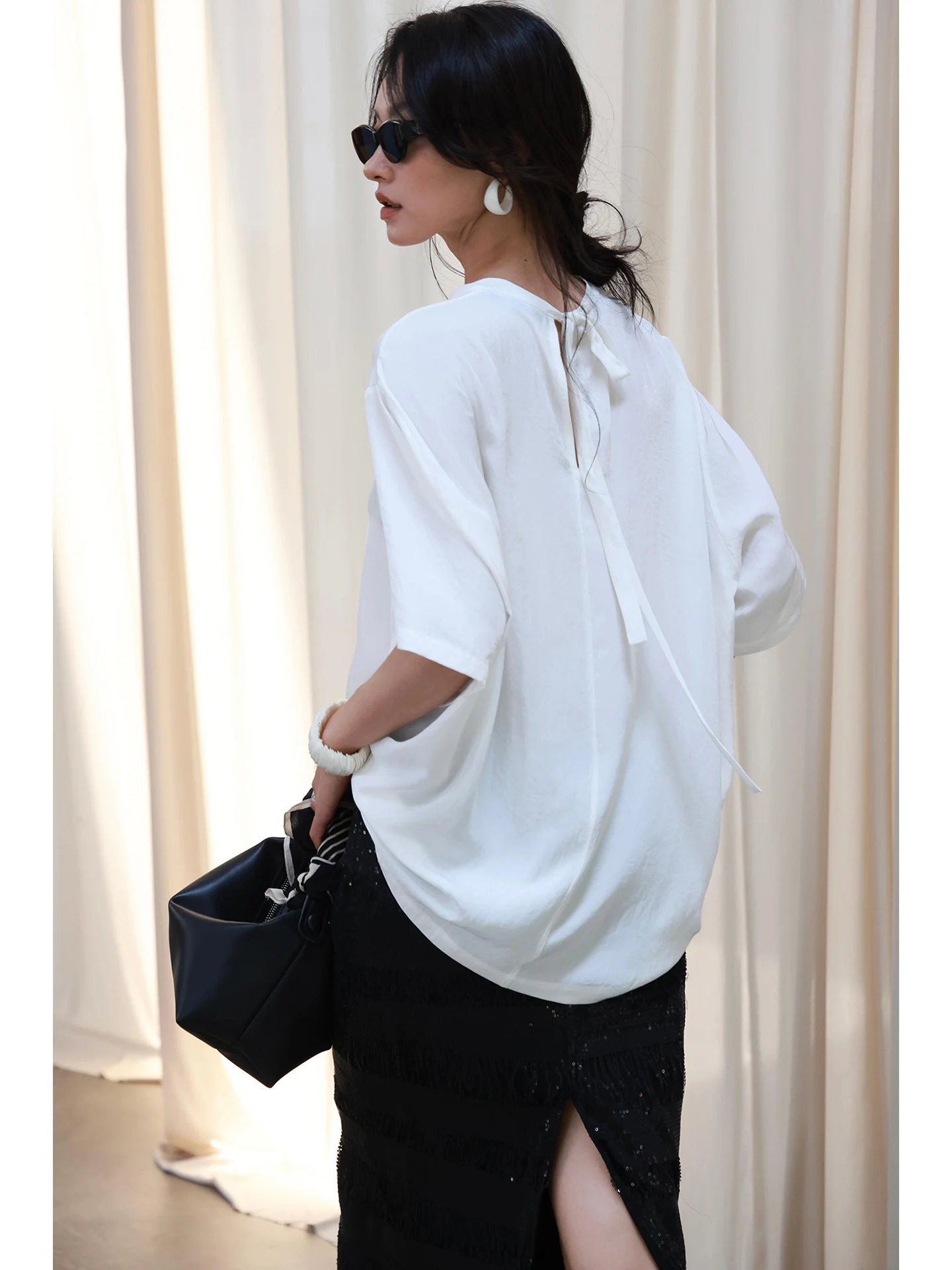 

FANNIU Summer Lightweight Tee-acetate Lazy Oversized Loose round Ne ort Sve T-irt Versatile Dstring Mid-waist