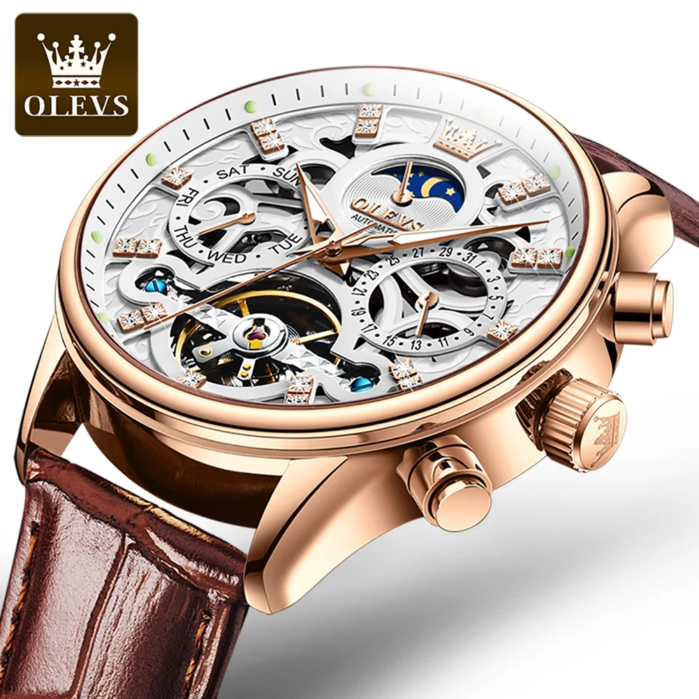 OLEVS 6658 Mens Watch Business Leather Strap Reloj  Hollow out Mechanical Automatic Wristwatch Waterproof Luminous Watch For Man