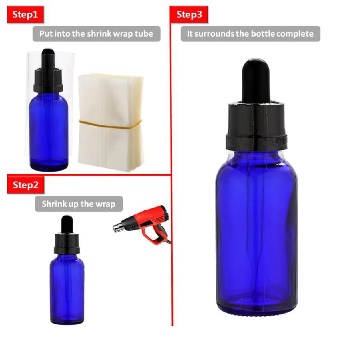 500X PVC Heat Shrink Film Bag Blower Heat Seal Flat Mouth Transparent Plastic Bag Heat Shrink Suitable for Glass Dropper Bottles