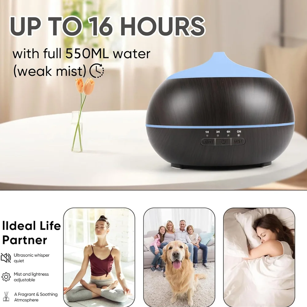 550ml Ultrasonic Essential Oil Diffuser with Auto Shutoff 7-Color Lights BPA Free for Home Aromatherapy