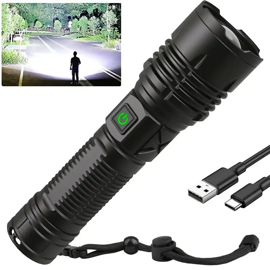 

High Power Tactical Flashlight with High-Capacity Battery,Type-C Charging,Bottom Window Breaker,Power Bank,Camping,Fishing