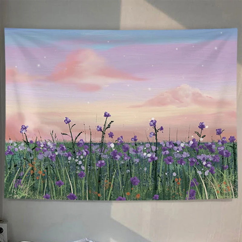 Field lakeside scenery tapestry room decoration beautiful  wall hanging    girl pink
