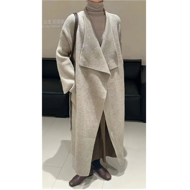 

5 Color Women Knitted Long Overcoat Tailored Collar Loose Trench Autumn Winter Warm Cardigan Windbreaker Cloak With Belt