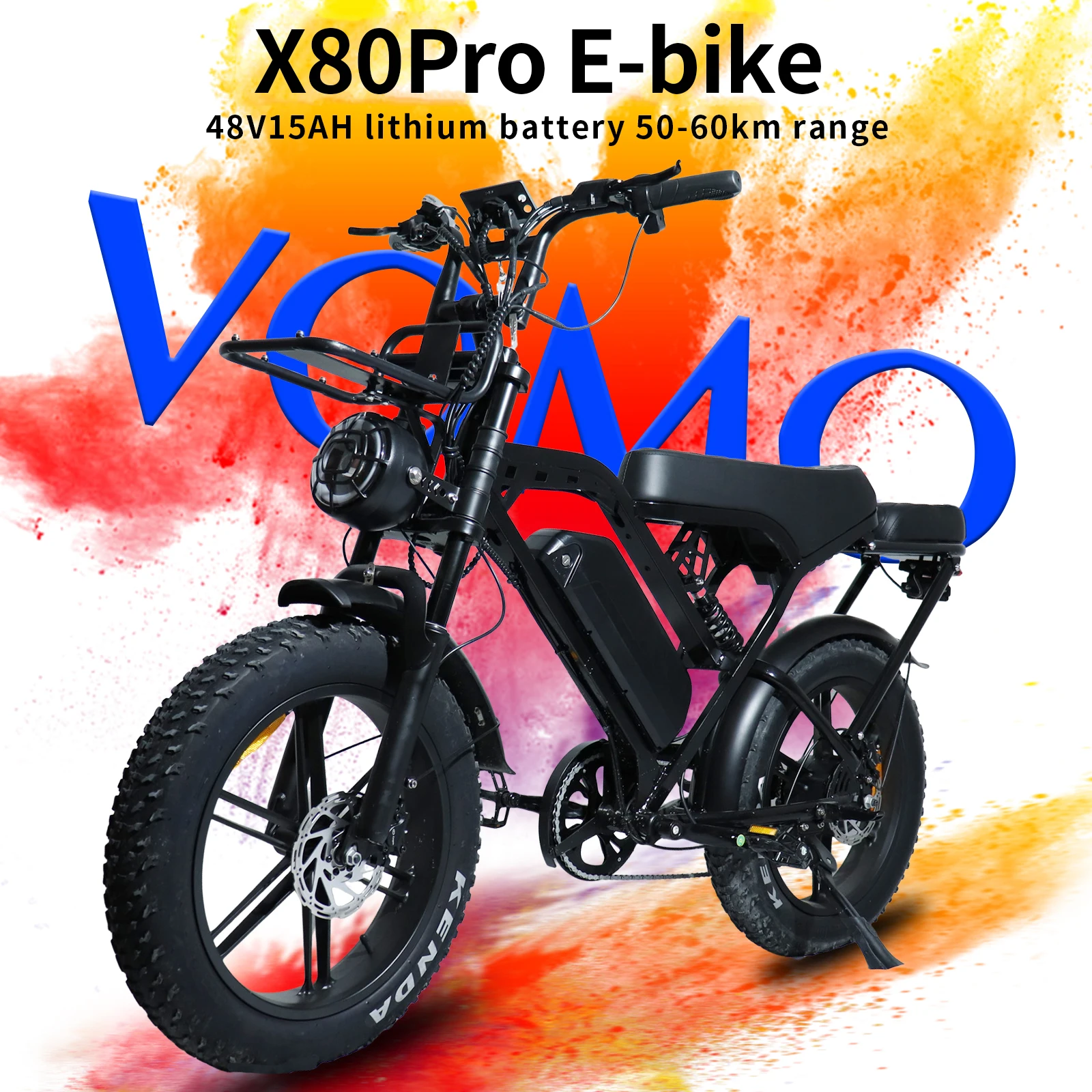 

Электровелосипед X80 Pro: бесщеточный двигатель 1000 Вт, максимальная скорость 28 миль/ч, запас хода 50–60 км, съемная батарея 48В 15Ач, 20-дюймовые широкие шины.