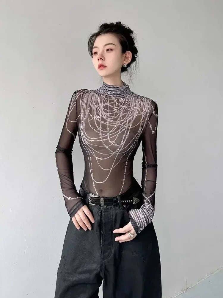 

3D Pearl Print Half-high Collar T-shirts Spring New Slim Fit See Through Mesh Tees Y2k E-Girl Long Sleeve Bottoming Tops Women