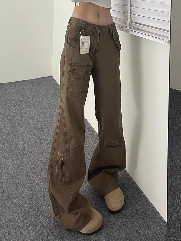 American High Street Khaki Workwear Jeans Women's Loose Wide Leg Pants Micro Flared Long Trousers Casual High Waist Jeans