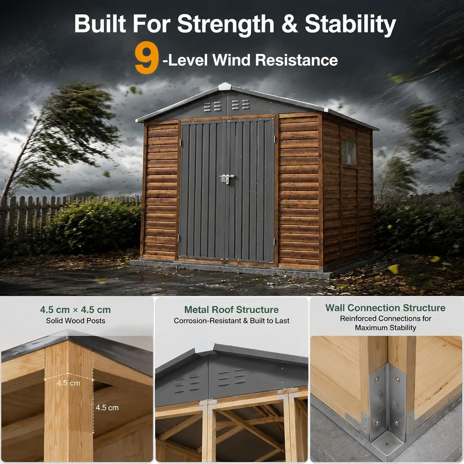 8x6 FT Outdoor Storage Shed Iron Wood Cedar Panels Metal Roof Doors 4 Vents 2 Windows Weatherproof Garden Tools, Customized