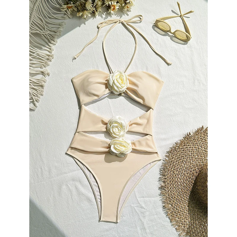 Sexy Black Halter One Piece Swimsuit Women Cutout Monokini with 3D Flower Design Trendy Beachwear for Summer Holiday Vacation