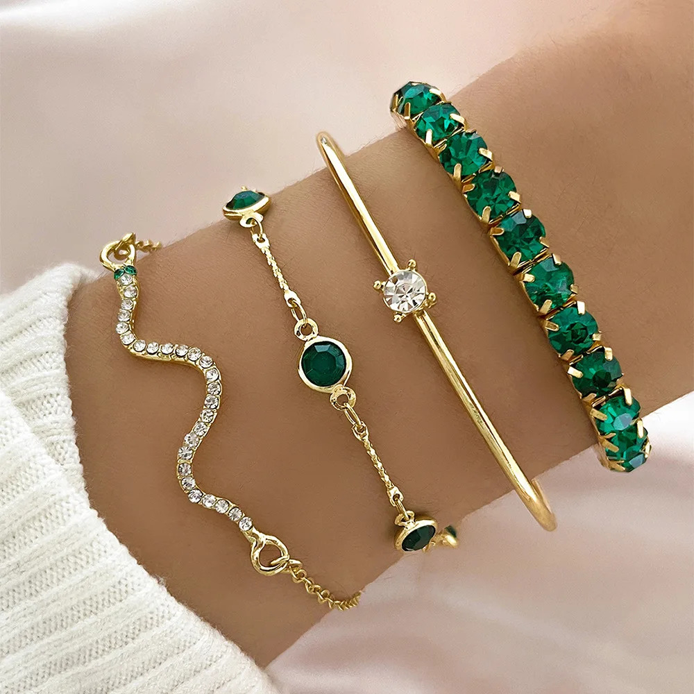 4pcs Set Luxury Geometric Square Crystal Snake Chain Bracelet for Women Exquisite Trendy Green Emerald Bangle Jewelry Set Gift