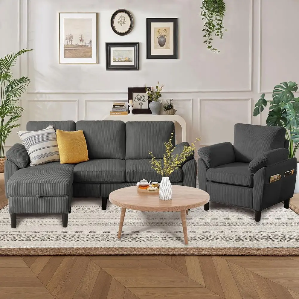 3-Piece Living Room Set: Sofa, Storage Ottoman, and Single Chair in Grey with Pillow Top Arms