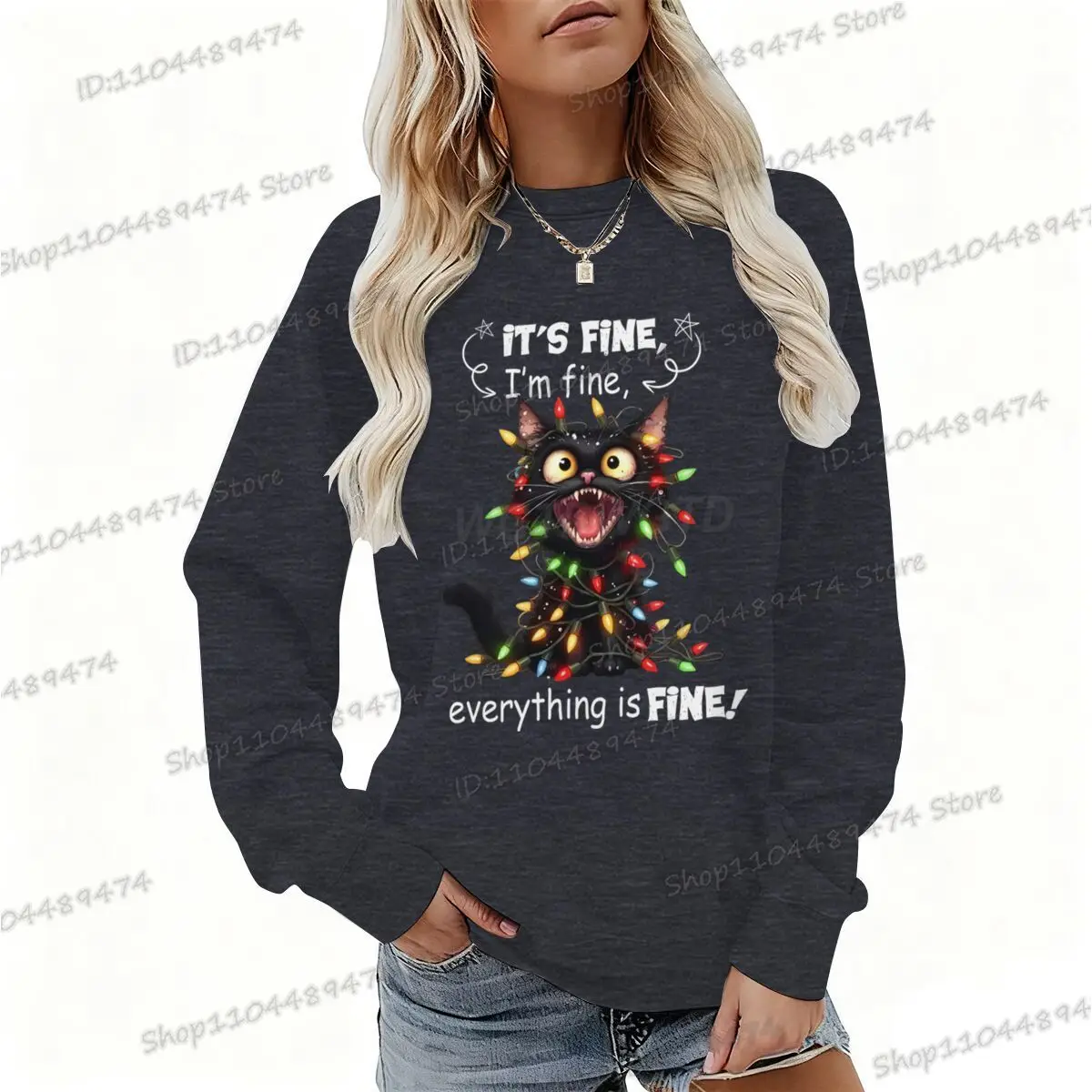 إنه جيد أنا بخير كل شيء جيد عيد الميلاد البلوز الرجال النساء الصوف مضحك القط البلوز عيد الميلاد Y2K سوداديرا بلوزات