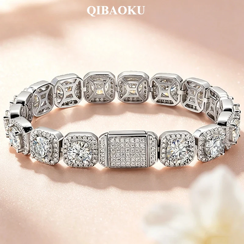 QIBAOKU 4/5/6.5mm Diamond 100% Real Moissanite Bracelets for Men Women Classic Bangles Pure S925 Sterling Silver Chain 2026