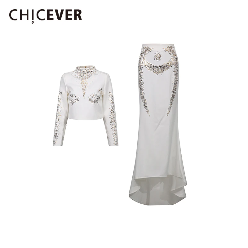 

CHICEVER Solid Spliced Sequins Two Piece Set Female Stand Collar Long Sleeve Jacket Luxury Party Women's Skirt Sets Autumn New