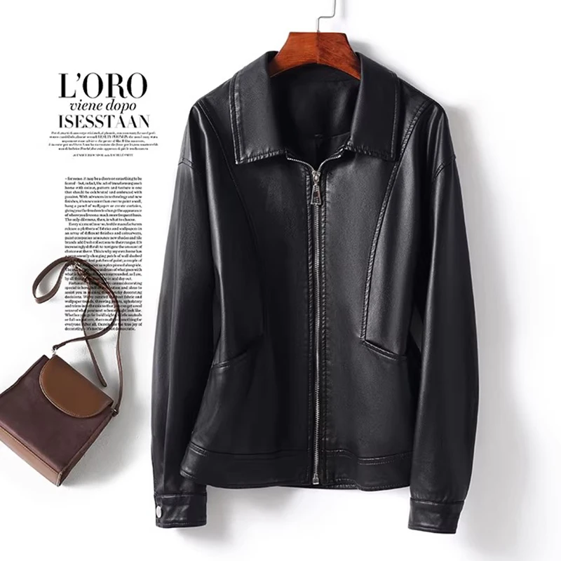 Nueva Chaqueta de Cuero Sintético para Mujer, Primavera-Otoño, con Cuello Camisero, Estilo Casual y Sencillo, Chaqueta Corta
