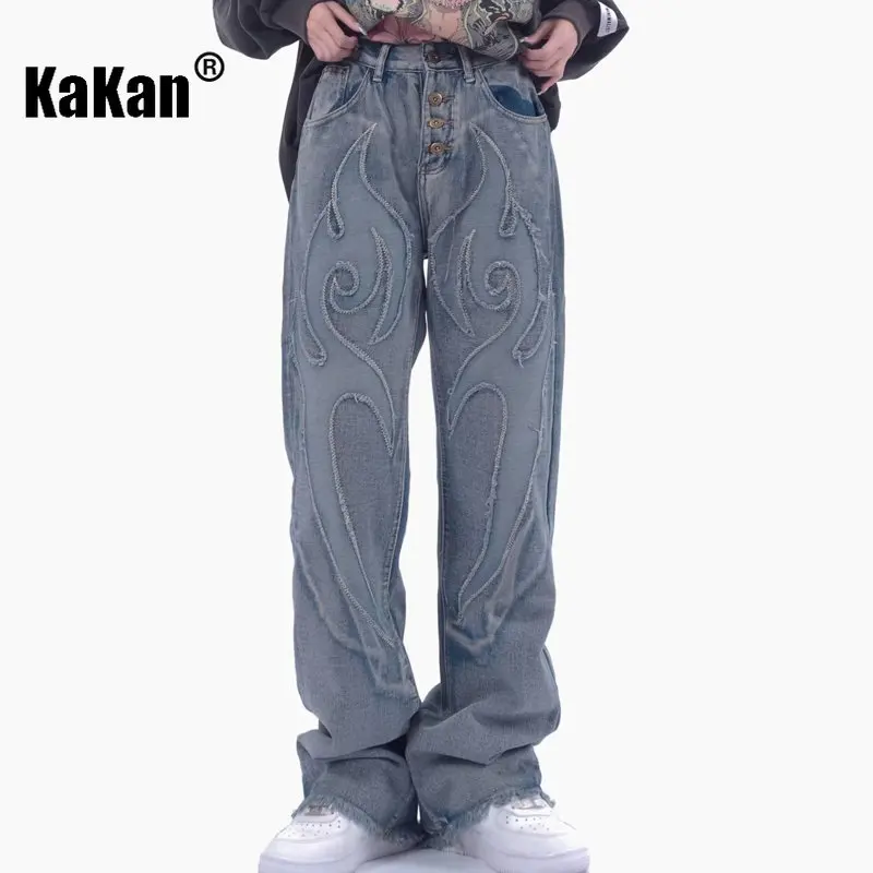 Kakan - New Vintage Patch Embroidered Jeans for Men, Harajuku Made Old Straight Length Jeans K33-8769