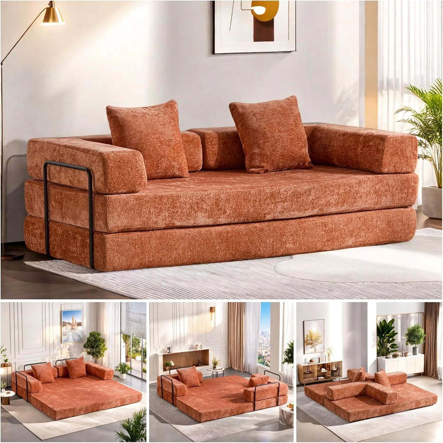 DIGGERA Compression Sofa Bed 4-in-1 Convertible Chenille Floor Sofa Couch Bed with Fixed-Shape Frame for Living Room Bedroom