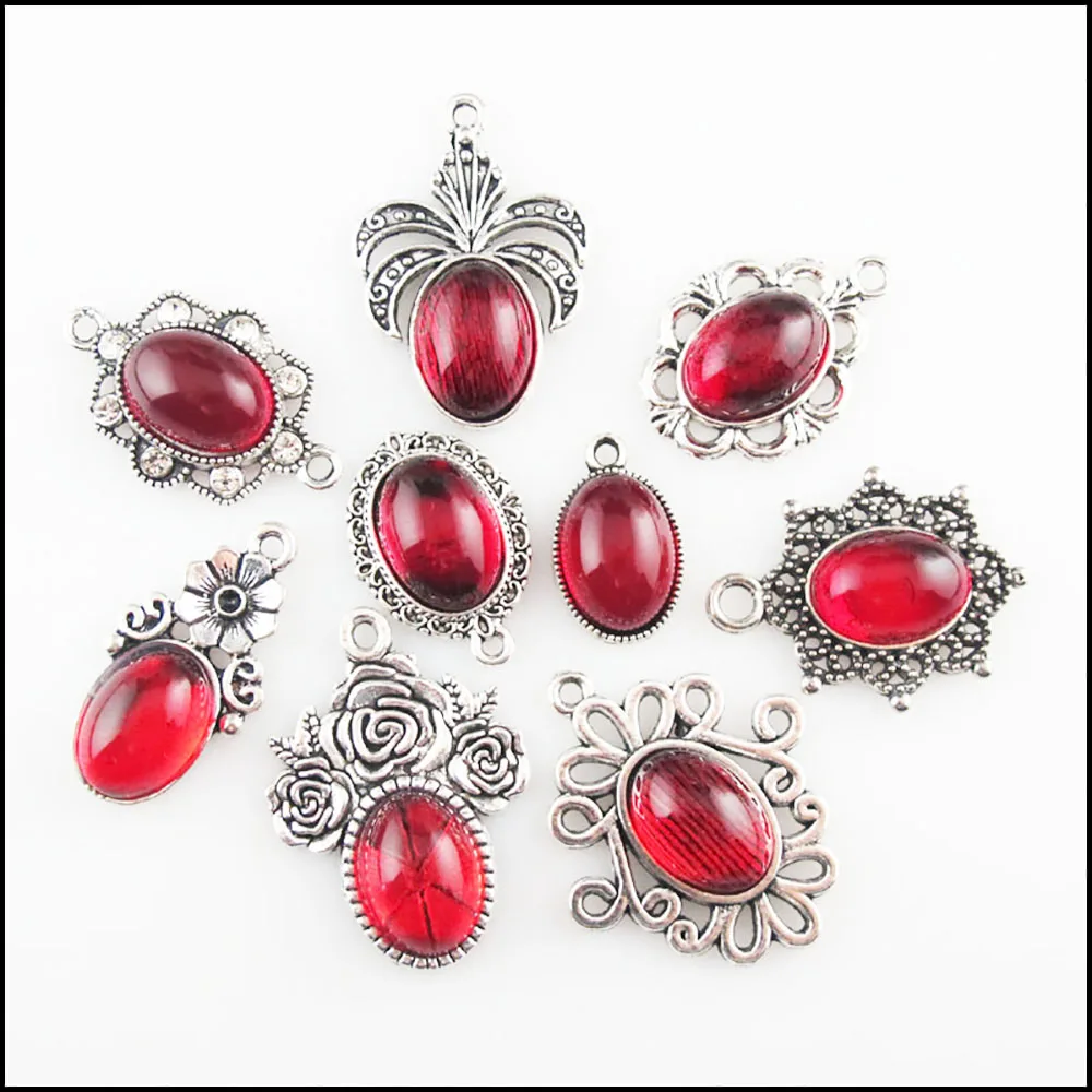 Fashion New Clover Flower Rose Oval Charms 10x14mm Red Glaze Tibetan Silver Plated Pendants Retro
