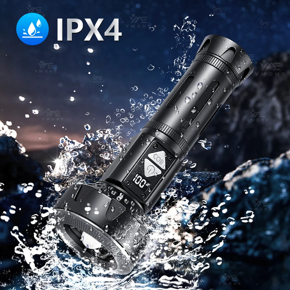 

IPX4 Waterproof Flashlight USB C Rechargeable Hiking Powerful Torch Digital Display Magnet Base Climbing Emergency Flashlight