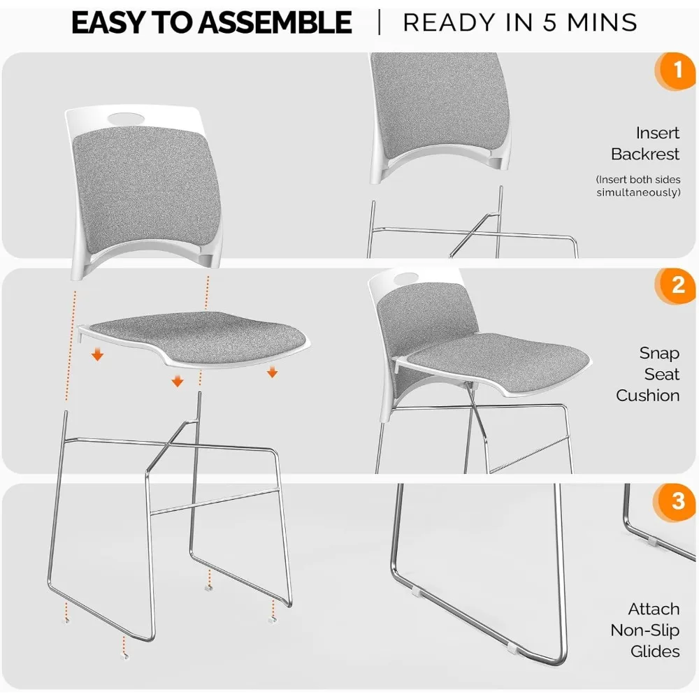 Ensemble de 4 chaises empilables avec base en traîneau en métal, siège rembourré en plastique ergonomique et dossier, capacité 350 artérielle