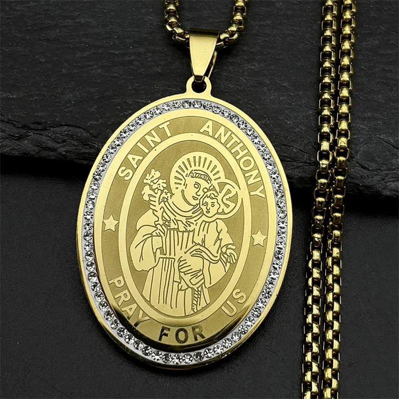 Jesus St.Saint Anthony Pray Us Pendant Necklace for Women Men Stainless Steel Gold Color Religion Crystals Hip Hop Chain Jewelry