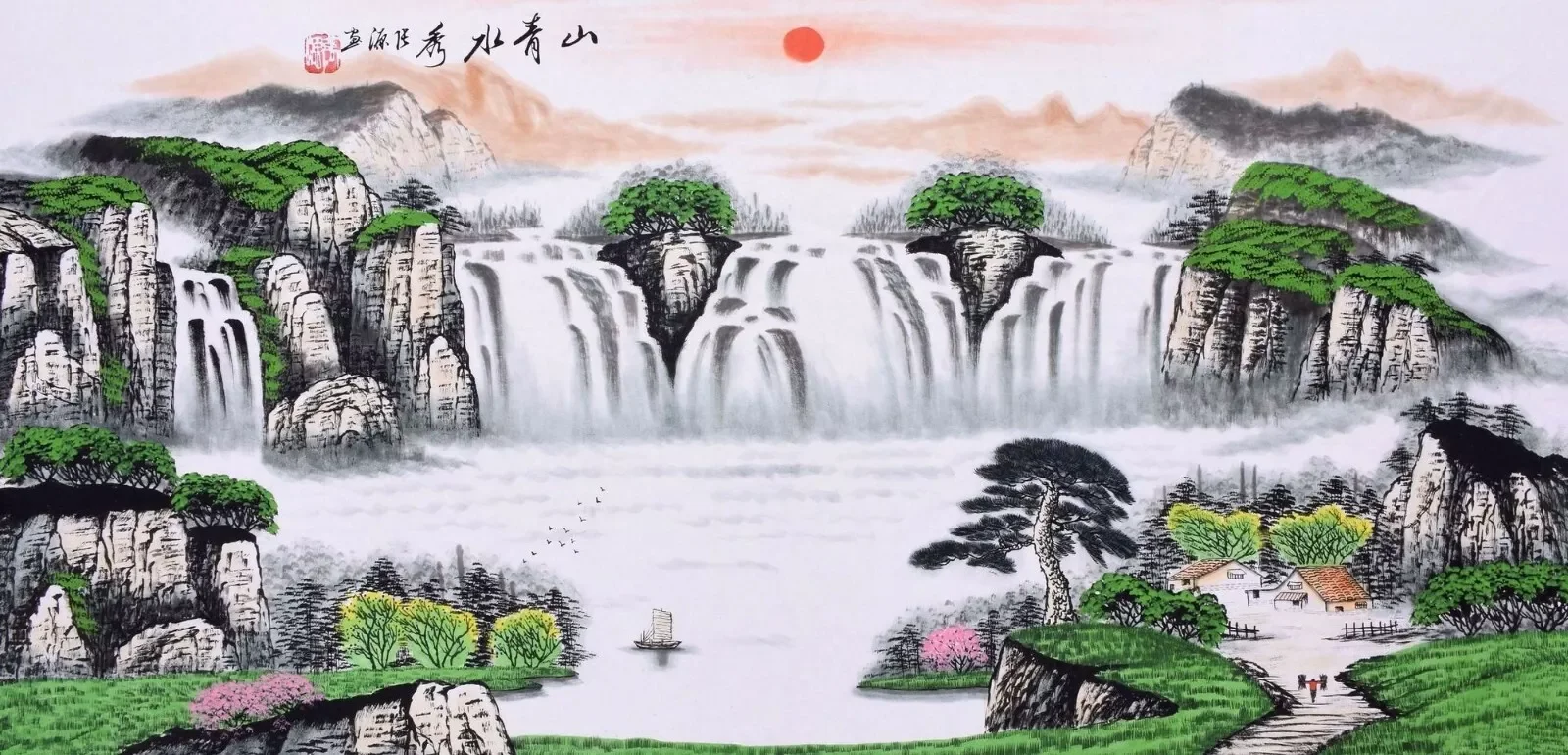 ORIGINAL ASIAN ART CHINESE PAINTING Waterfall&boat Art Picture Print Silk Poster Living Room Decor Home Wall
