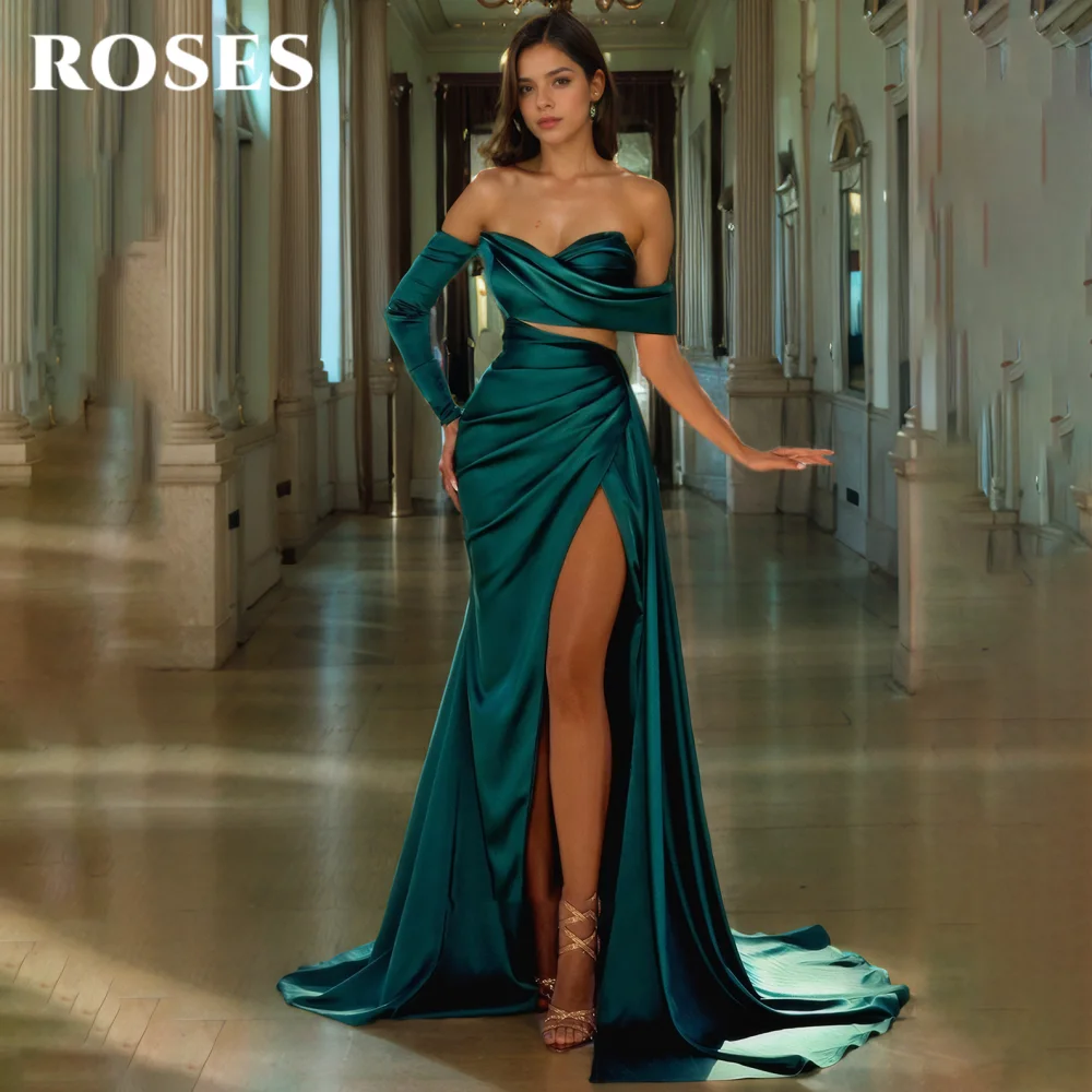 

ROSES Green Elegant Prom Dress Backless Sweetheart One Shoulder Prom Gown Satin Pleating Split Mermaid Evening Dress Customized