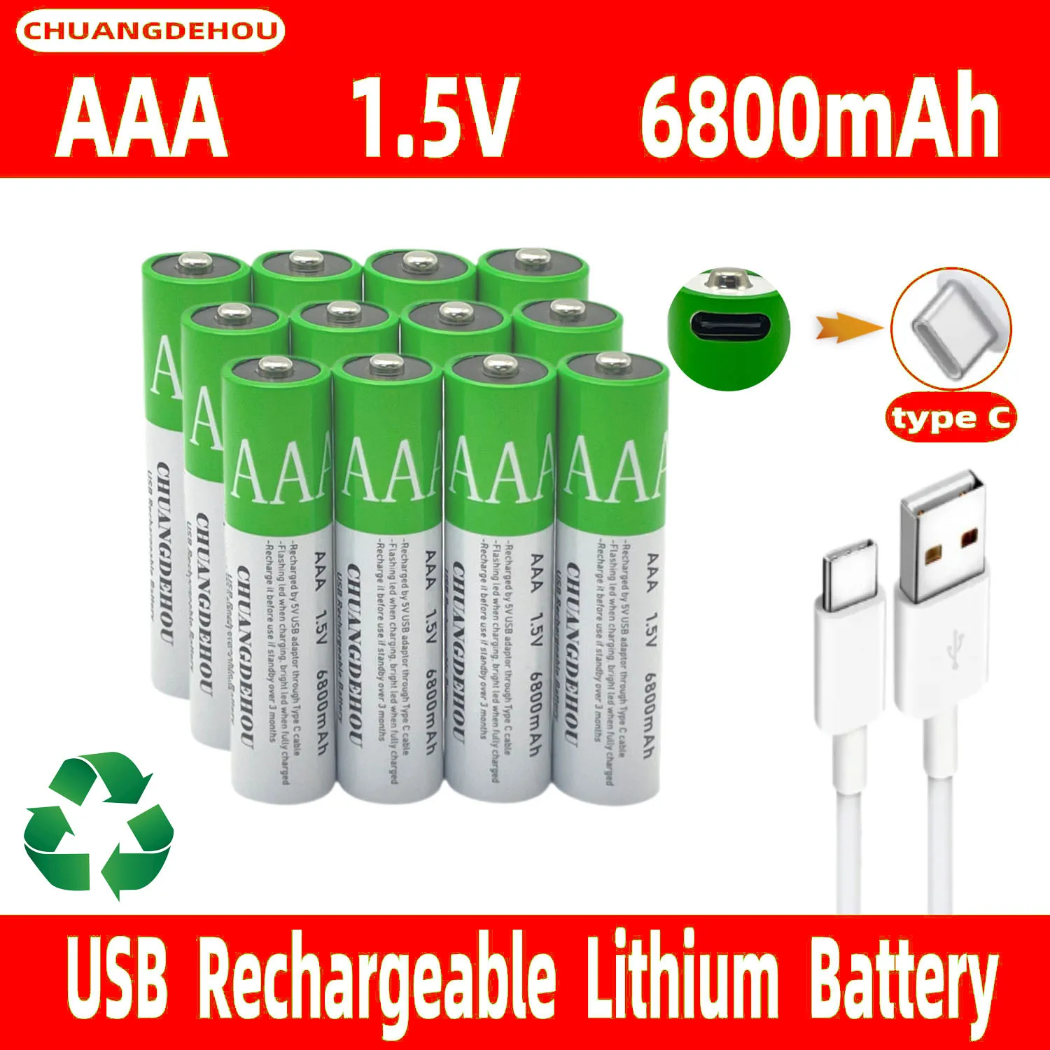 

1.5V Aaa 6800Mah Green Environmentally Friendly Rechargeable Lithium-Ion Battery for Small Fan Electric Toy Remote Control Mouse Battery USB Free Charging Cable