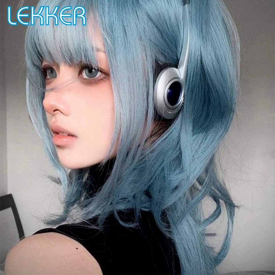 Lekker-Peluca de cabello humano ondulado con flequillo para mujer, pelo Remy brasileño, color gris y azul, largo y ondulado, Cosplay