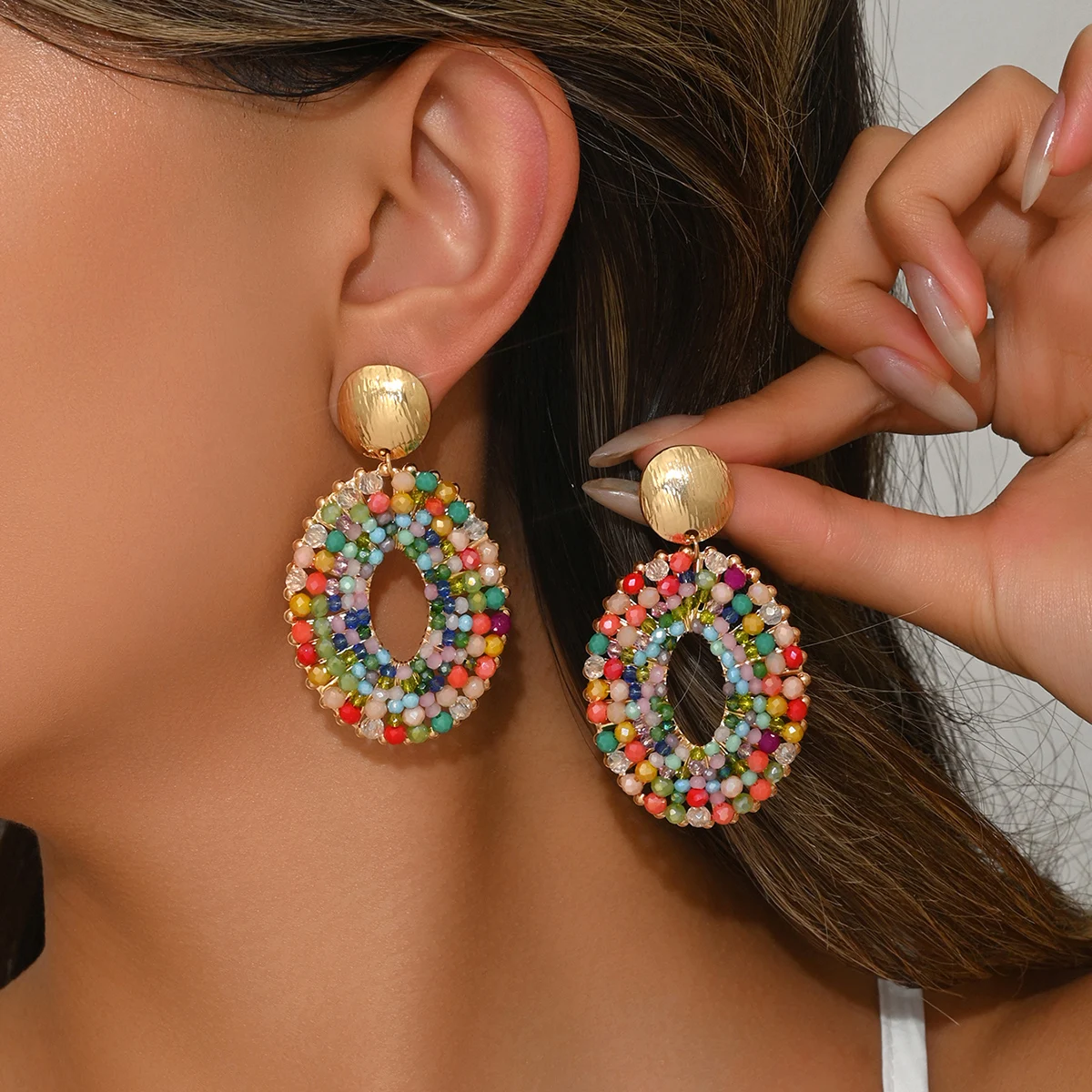 Bohemian Vintage Oval Kristall Perlen Tropfen Ohrringe für Frauen Handgemachte Mehrfarbige Große Aussage Ohrring Sommer Party Schmuck Geschenk