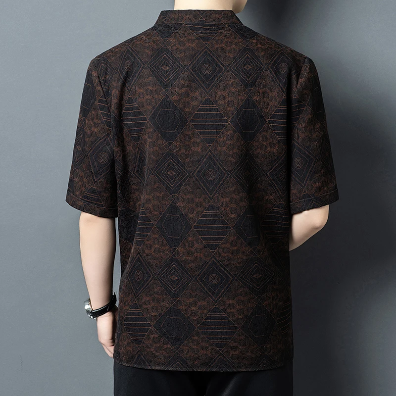Gambiered Canton Gauze Frog Button Shirts For Men Short Sleeve Summer Thin Quality Real Silk 100% Tang Costume Camisas De Hombre