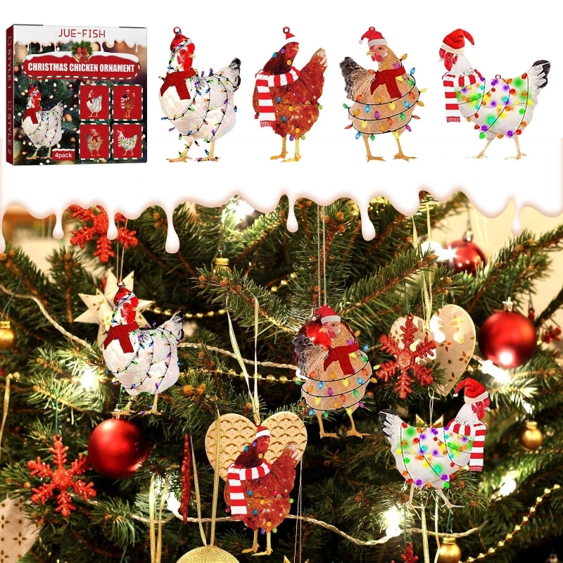 Christmas Scarf Chicken Decoration Hanging Ornaments Set Festive Holiday Decor and Gifts with Ropes 4CPS/SET