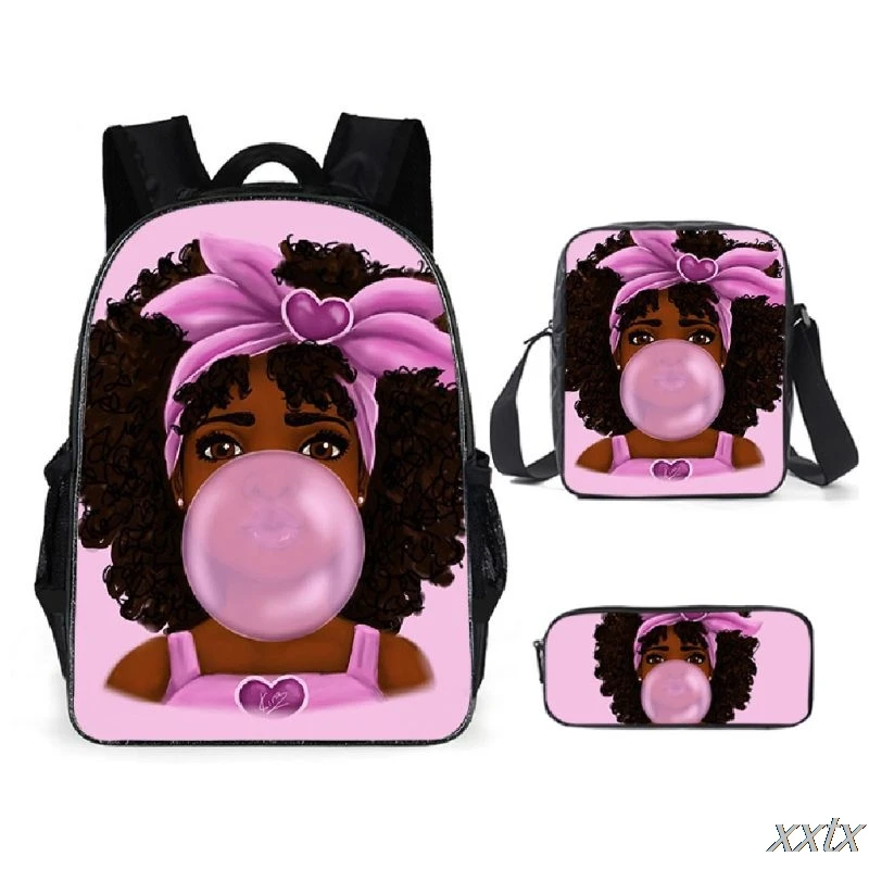 Harajuku Novelty African Girl 3D Print 3pcs/Set pupil School Bags Laptop Daypack Backpack Inclined shoulder bag Pencil Case