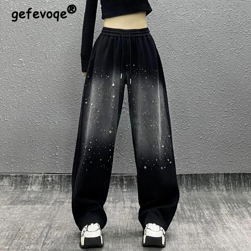 Women Clothing Trendy Vintage Casual Streetwear Harajuku Y2K Sports Baggy Pants Female Oversized Rhinestone High Waist Trousers