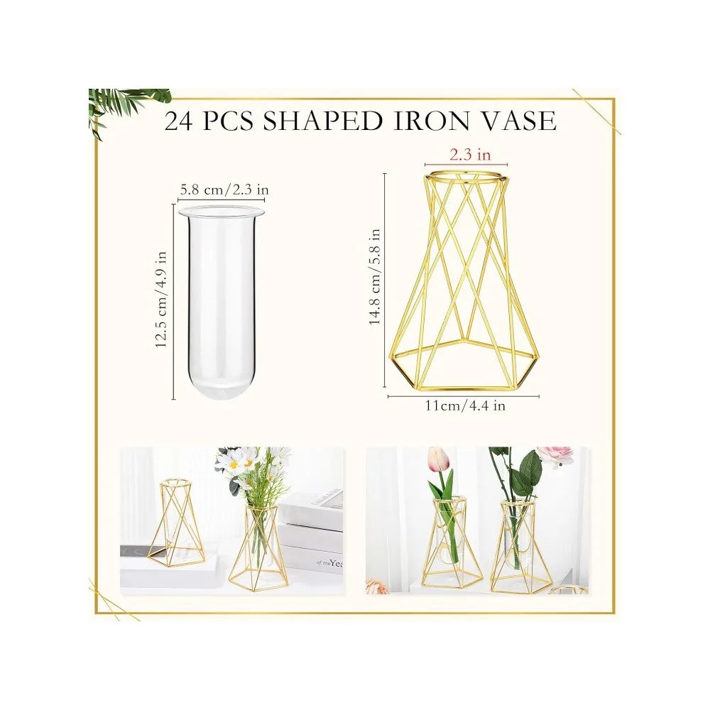 Imagem -02 - Vaso Geométrico Dourado para Piso Doméstico Armação de Metal com Cilindro de Vidro Suporte de Flor Moderno Hidropônico Casamento 63 Pol 24 Pcs