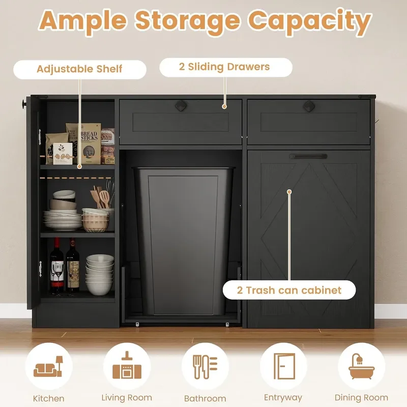 12.5 Gallons Double Kitchen Trash Can Cabinet 47 Wide Pull Out Garbage Cabinet with Charging Station Wooden Hidden Garbage