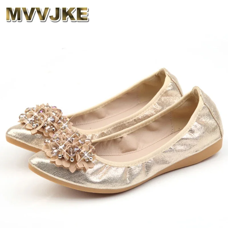 MVVJKE New Spring Women Folding Flats  Handmade Flower Rhinestone Pointed Toe Solid Soft Ballet Flats Shoes E099