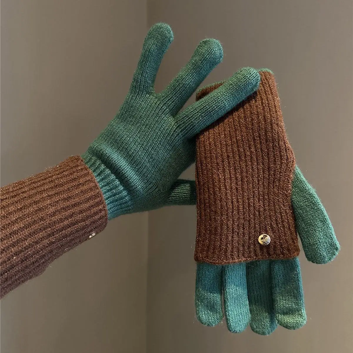 Purcoral Convertible Flip Top Gloves Winter Knitted Touch Screen Gloves Color Block Warm Fingerless Mittens Flip Cover