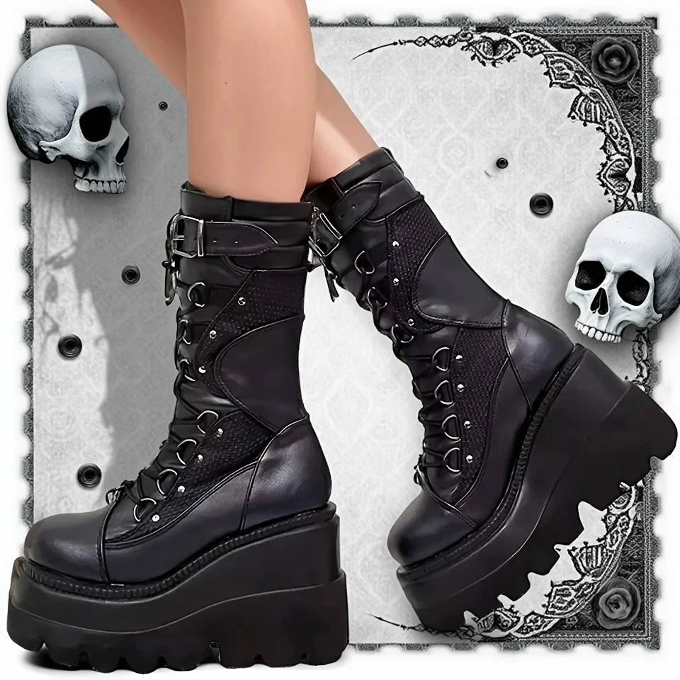

New Women's Gothic-Punk Motorcycle Boots Chunky Platform Wedge Heel Mid-Calf Dark Aesthetic Ankle Support Alternative Footwear